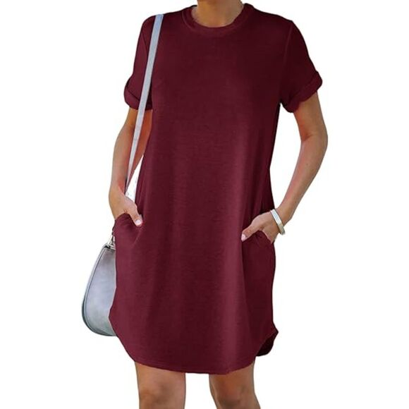 YEXIPO NWT Short Sleeve T Shirt Dress Wine Red Loose Fit Dress w/Pockets sz S - Picture 1 of 8